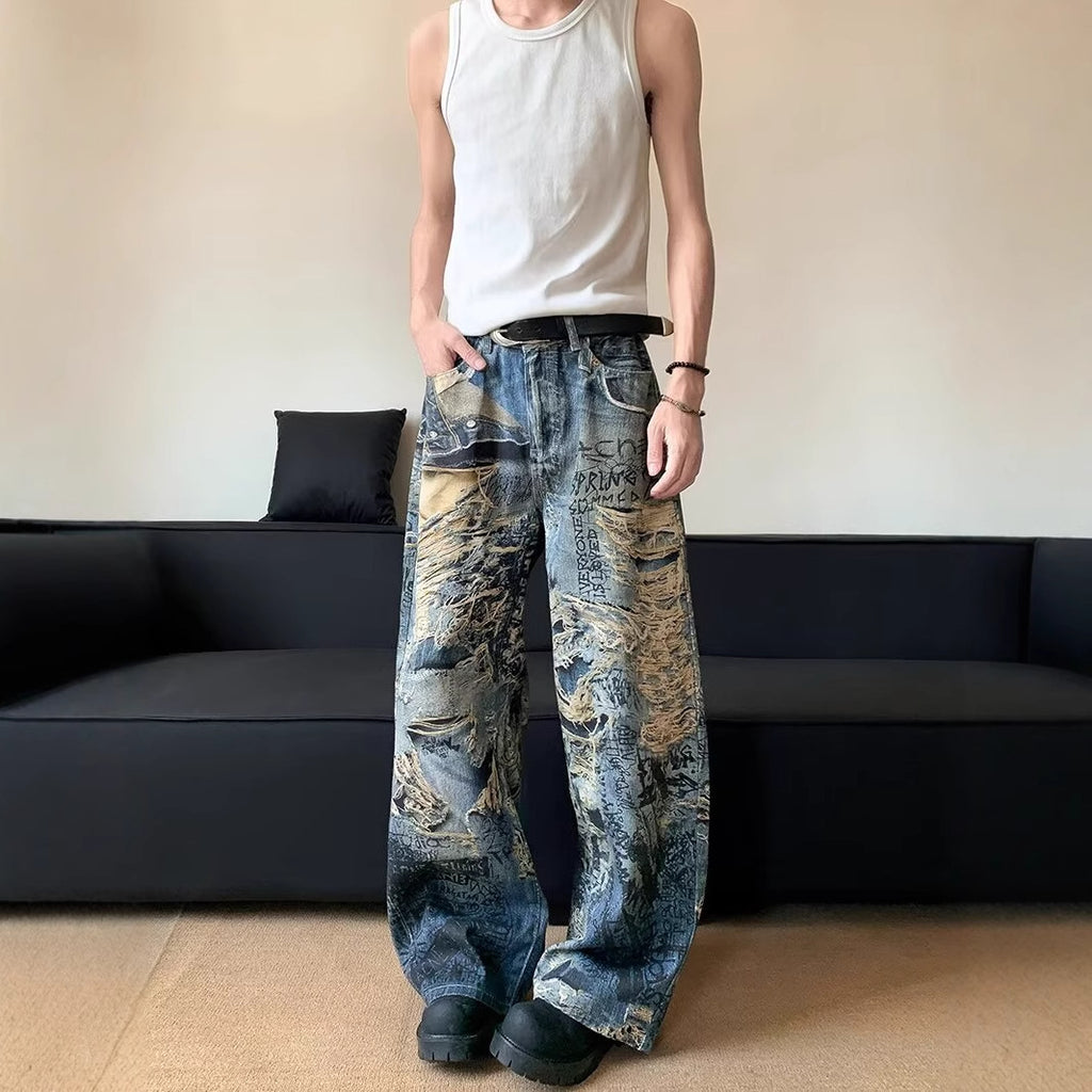 AM Vision RO Graffiti Distressed Wide Leg Jeans in a relaxed fit perfect for casual street style