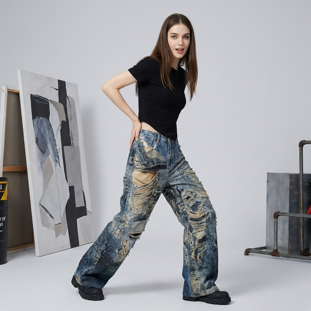 Model wearing Graffiti Distressed Wide Leg Jeans with unique design and relaxed fit for casual style
