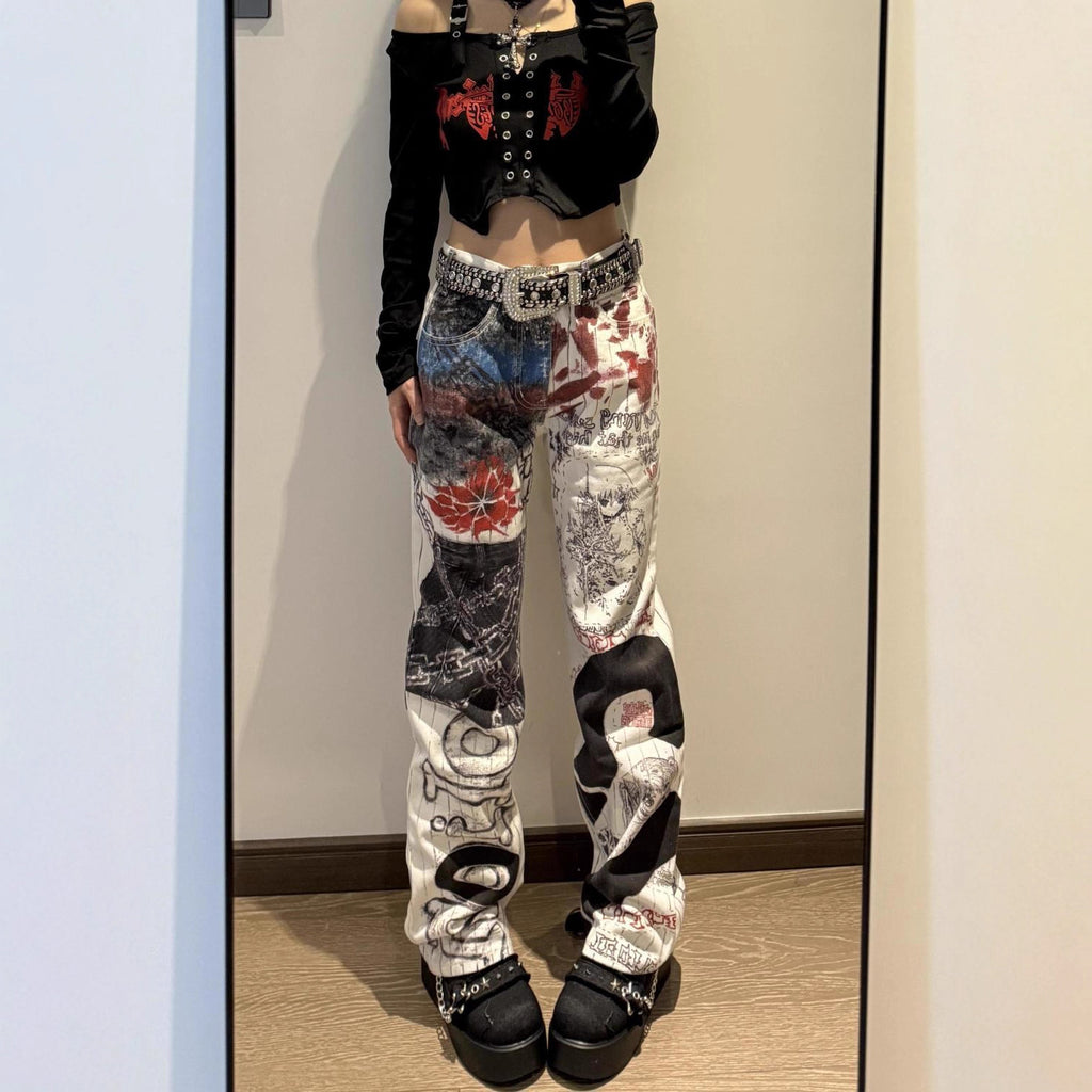 Model wearing Graffiti Heat Straight Denim jeans featuring bold graphic prints and a trendy fit