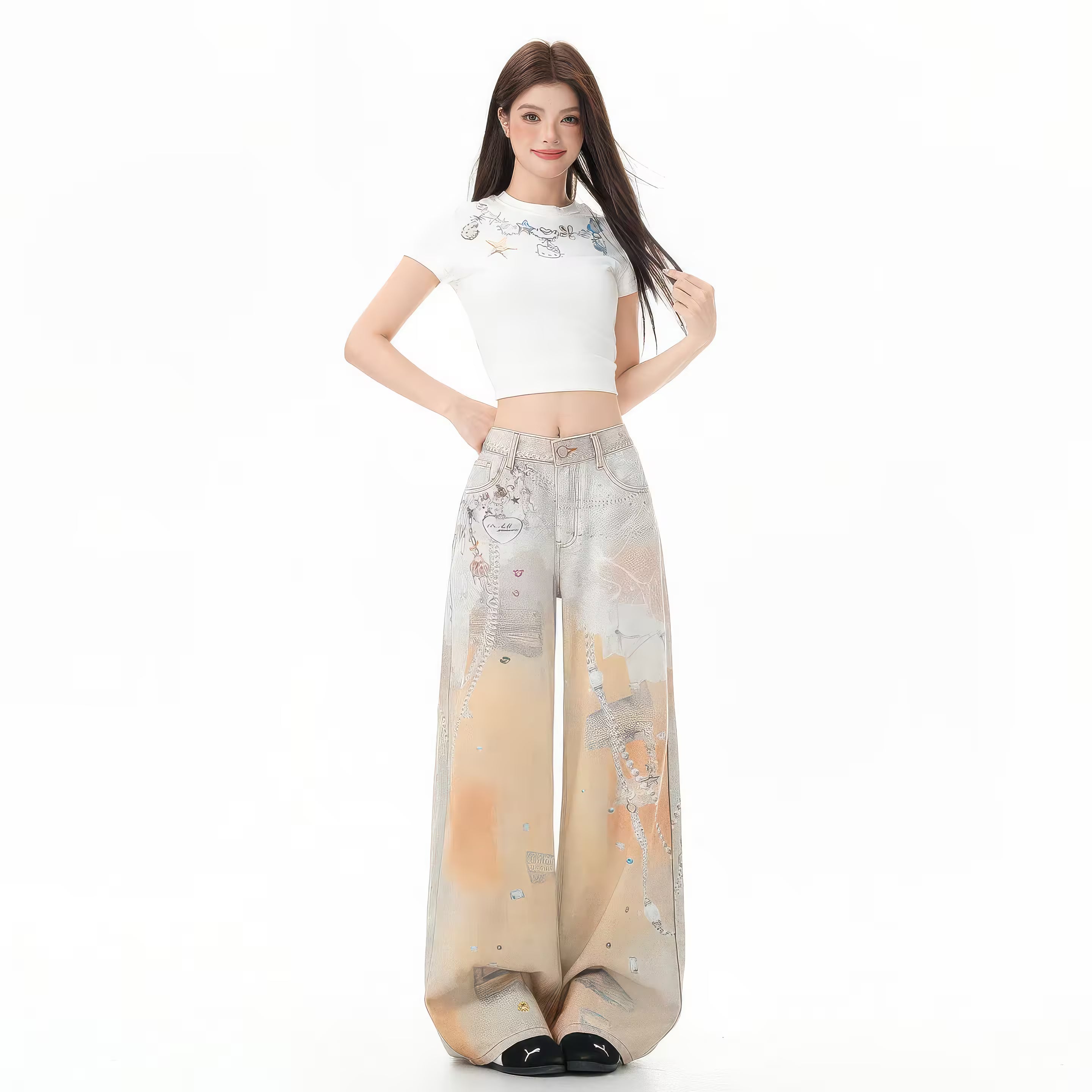 Model wearing Graffiti Orange Jeans With 3D Print paired with a white crop top
