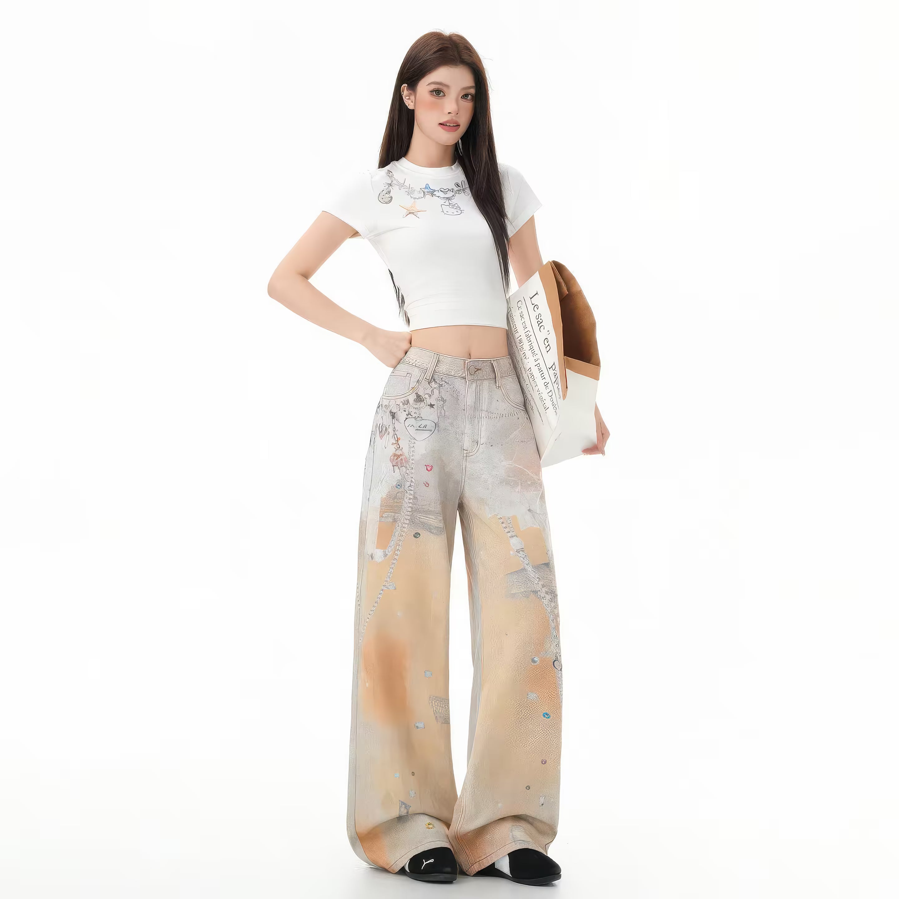 Trendy model wearing Graffiti Orange Jeans With 3D Print paired with a stylish white crop top