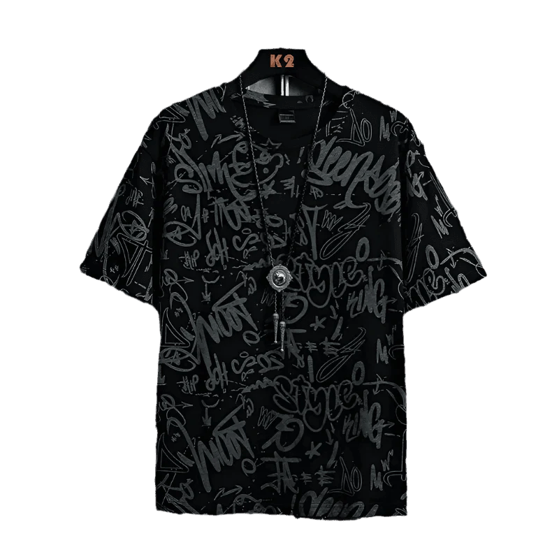 Black grafitti t-shirt with stylish artwork and relaxed fit for urban fashion