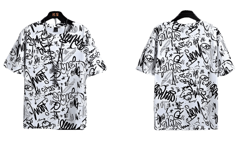 Stylish graffiti t-shirt with bold black graphic designs on a white background