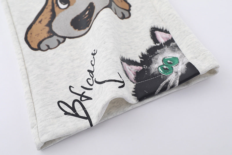 Gray Puppy Print Sweatpants featuring adorable dog and cat designs in soft fabric