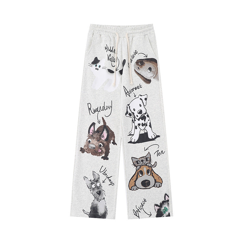Gray Puppy Print Sweatpants featuring multiple cartoon dog designs for comfy everyday wear