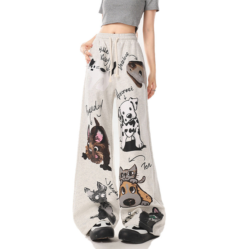 Gray Puppy Print Sweatpants featuring cartoon dog designs for a fun and casual look
