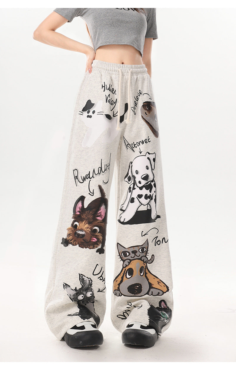 Women's Gray Puppy Print Sweatpants featuring cute dog graphics and a relaxed fit for comfort