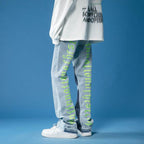 Casual Hand-Painted Straight Jeans with Unique Green Graphics for Stylish Outfits