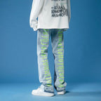 AM Vision RO Hand-Painted Straight Jeans in light blue with neon graphic details on the side