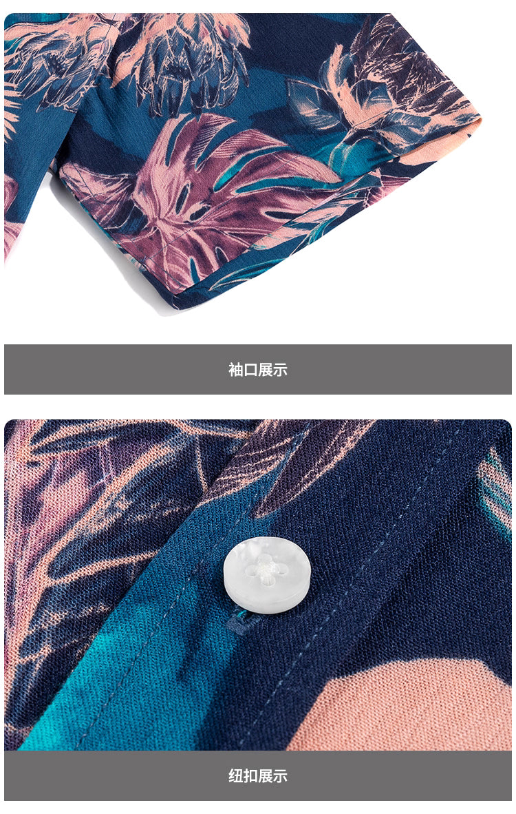 Close-up of AM Vision RO Hawaiian Shirts with Exotic Print showcasing fabric detail and button feature