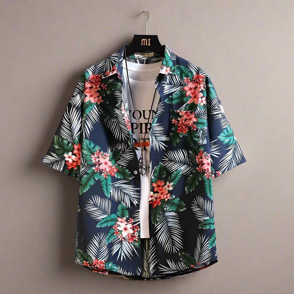 AM Vision RO Hawaiian Shirts with Exotic Print featuring a vibrant floral and palm leaf design