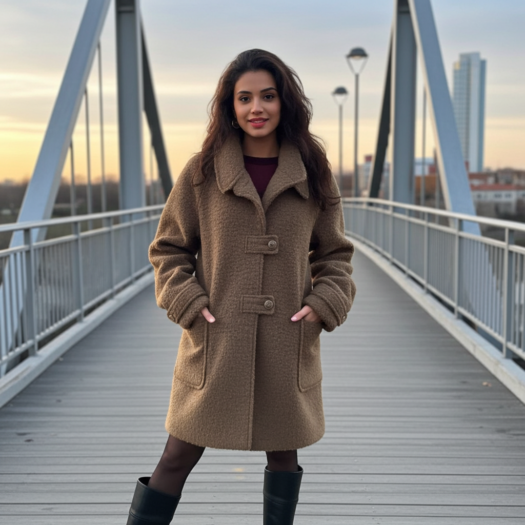 Stylish woman in a High-End Loose Fit Wool Winter Coat standing on a bridge at sunset