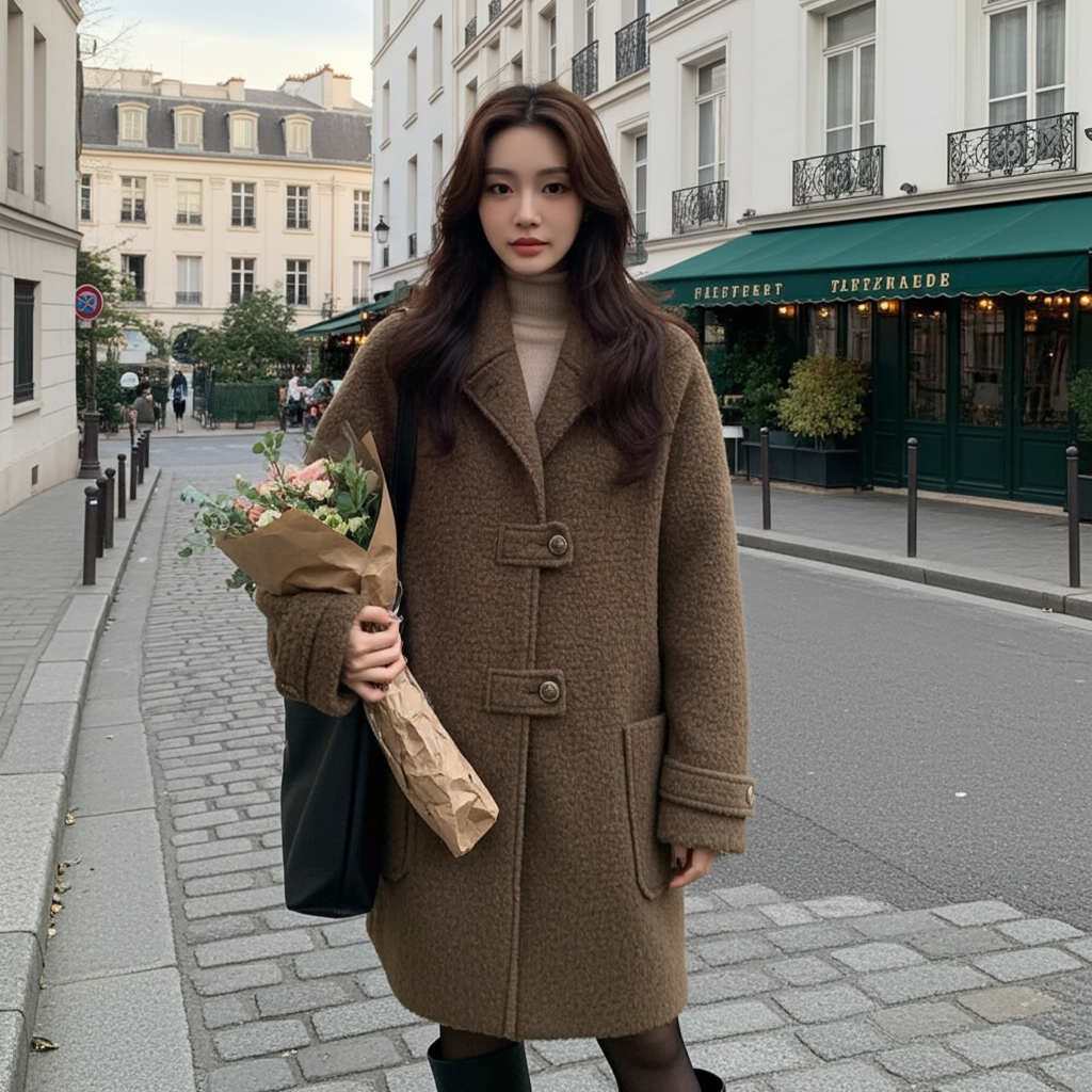 Woman wearing High-End Loose Fit Wool Winter Coat with a chic design on a city street
