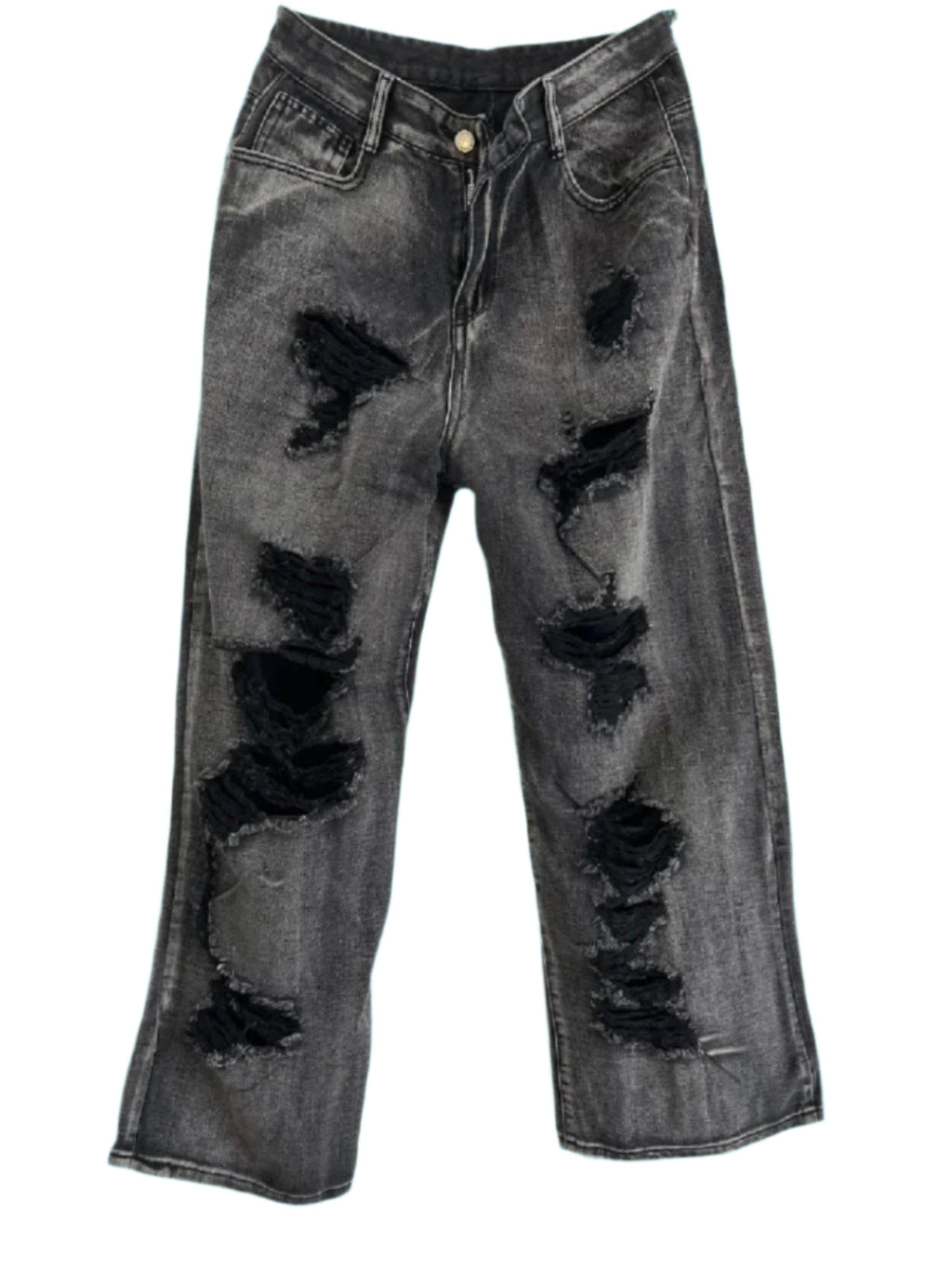 High waisted ripped baggy jeans in faded black denim with distressed details
