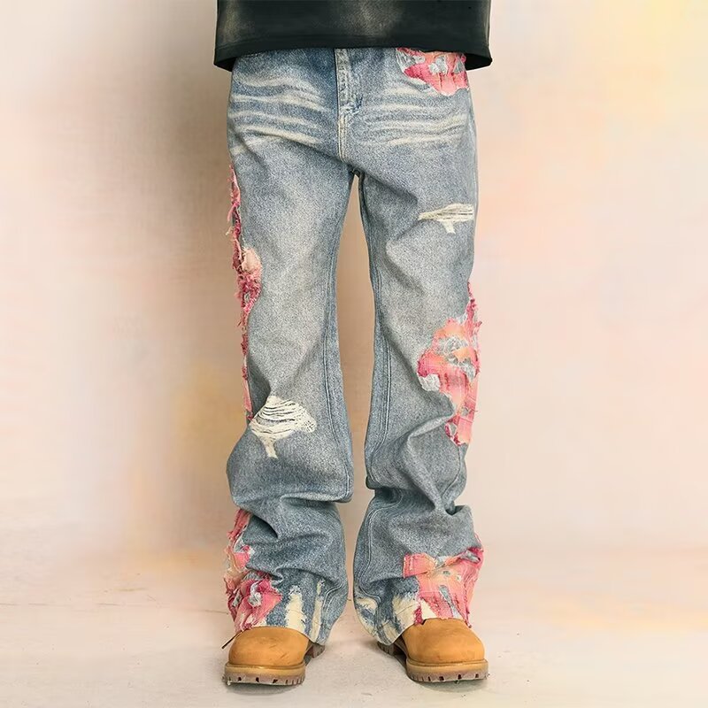 Highstreet Patchwork Denim Jeans with Floral Design and Distressed Details for Trendy Styles