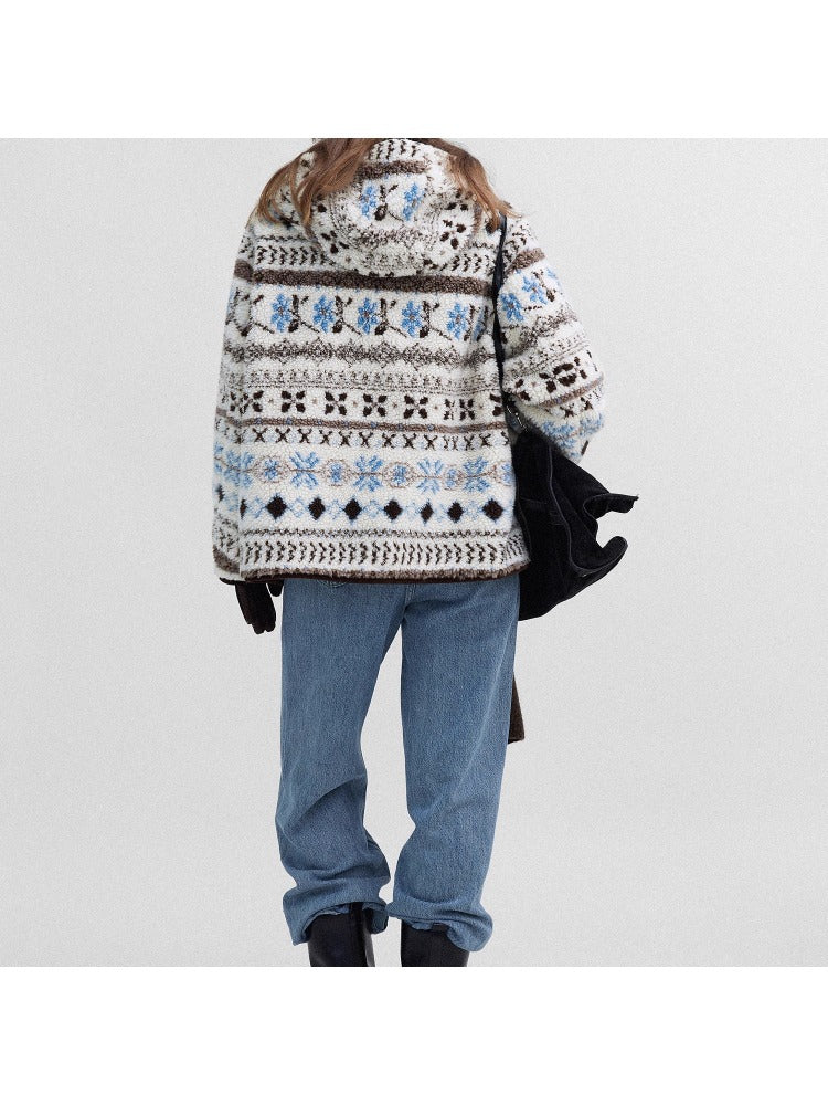 Back view of a stylish Hooded Winter Jacquard Jacket with a cozy design and relaxed fit