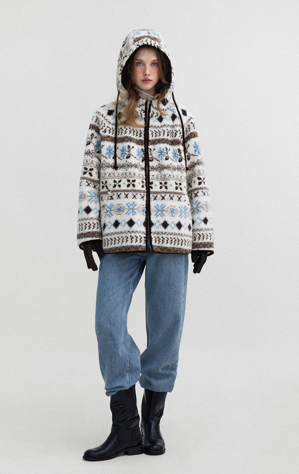 AM Vision RO Hooded Winter Jacquard Jacket incream and blue with cozy design for winter warmth