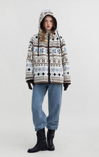 AM Vision RO Hooded Winter Jacquard Jacket incream and blue with cozy design for winter warmth