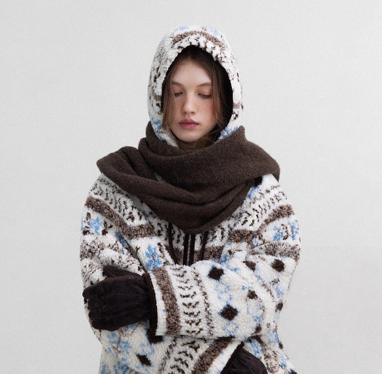 Hooded Winter Jacquard Jacket in white and brown with patterned designs and a cozy hood