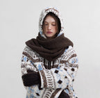 Hooded Winter Jacquard Jacket in white and brown with patterned designs and a cozy hood