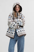 AM Vision RO Hooded Winter Jacquard Jacket in white with blue and brown patterns, perfect for cold weather