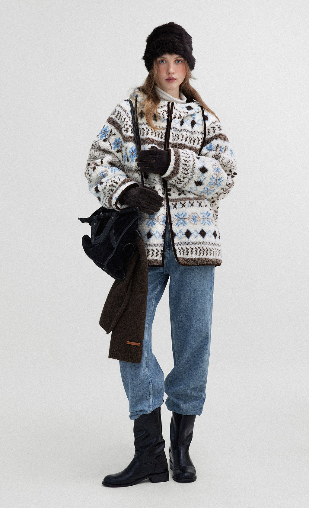 Cozy Hooded Winter Jacquard Jacket with intricate patterns, paired with warm accessories for chilly days