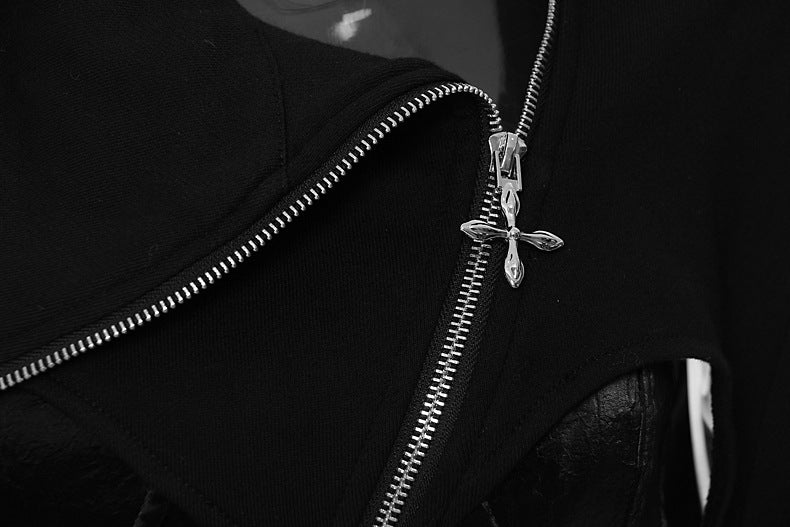 Close-up of AM Vision RO hoodie with zippers and corset with zipper design showcasing stylish details