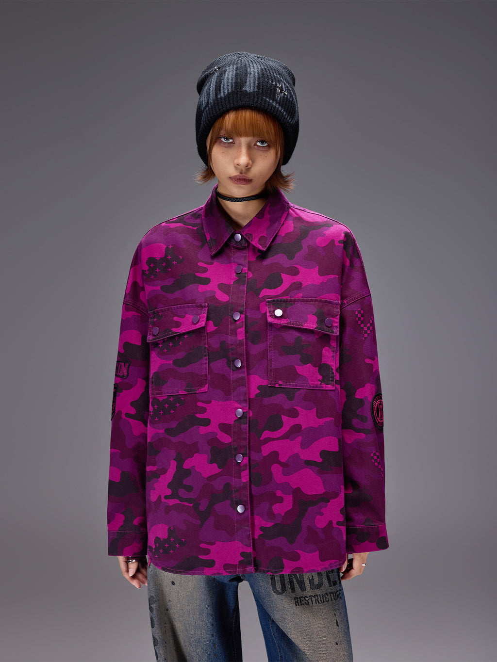 AM Vision RO Ice Leopard Street Cardigan in vibrant purple camouflage pattern for urban style