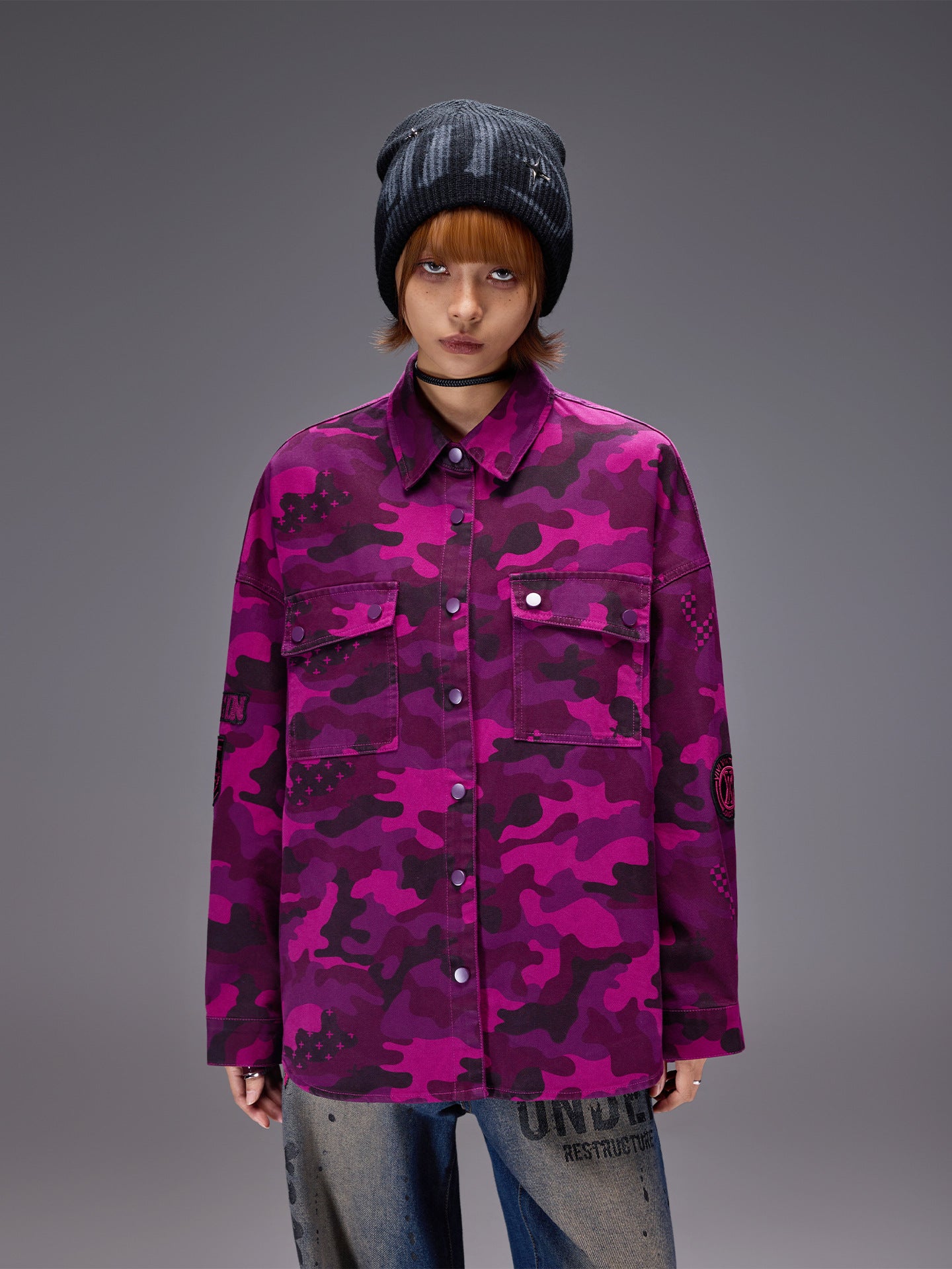 AM Vision RO Ice Leopard Street Cardigan in vibrant purple camouflage pattern for urban style