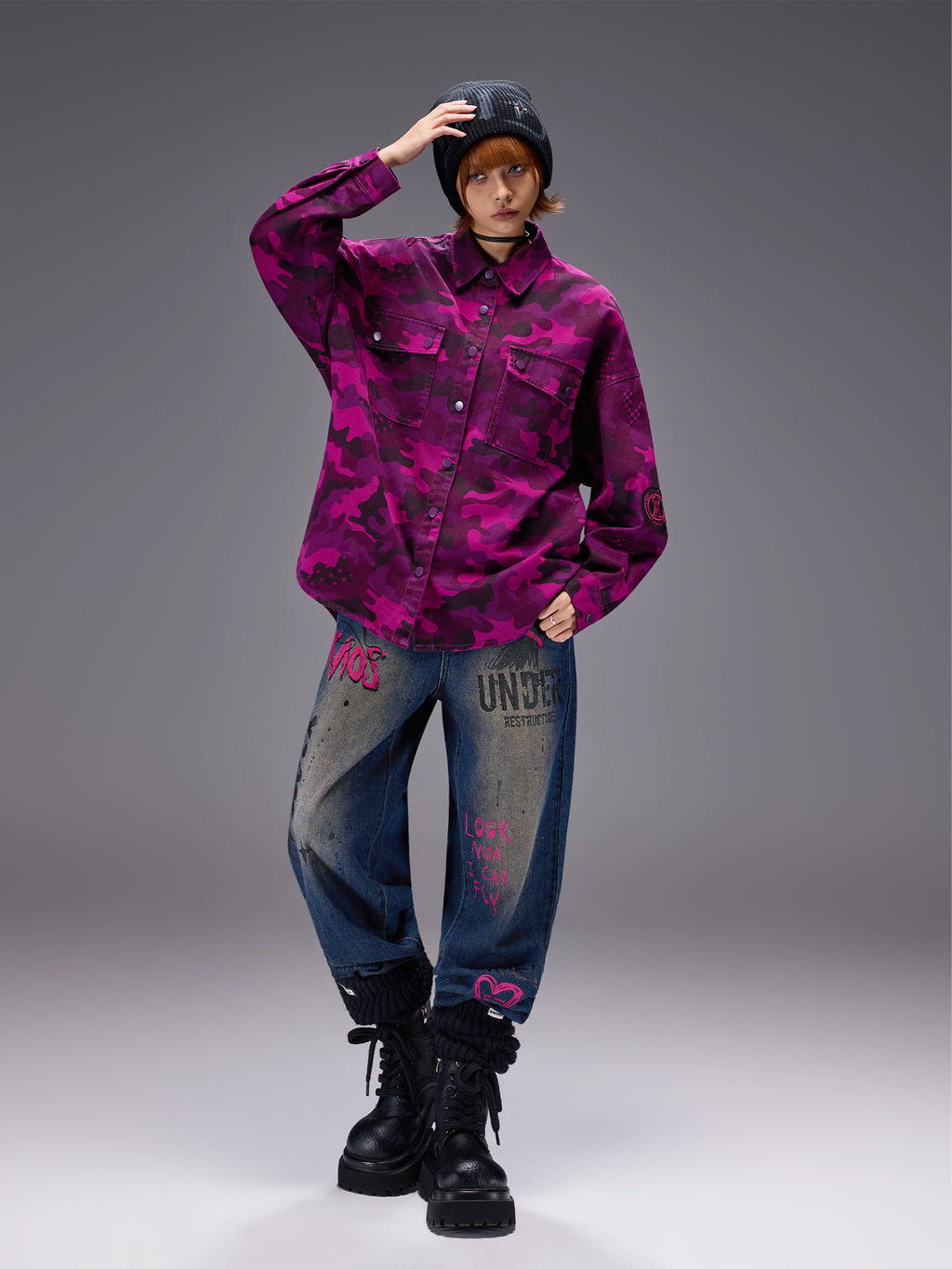 Ice Leopard Street Cardigan in vibrant pink camo design for a trendy, urban look.