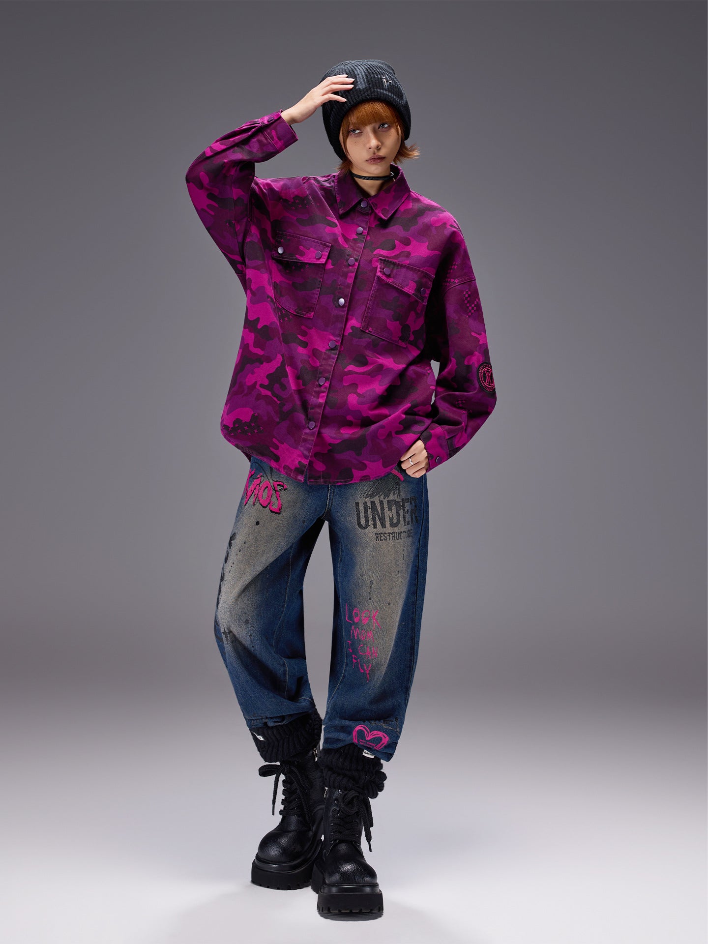 Ice Leopard Street Cardigan in vibrant pink camo design for a trendy, urban look.
