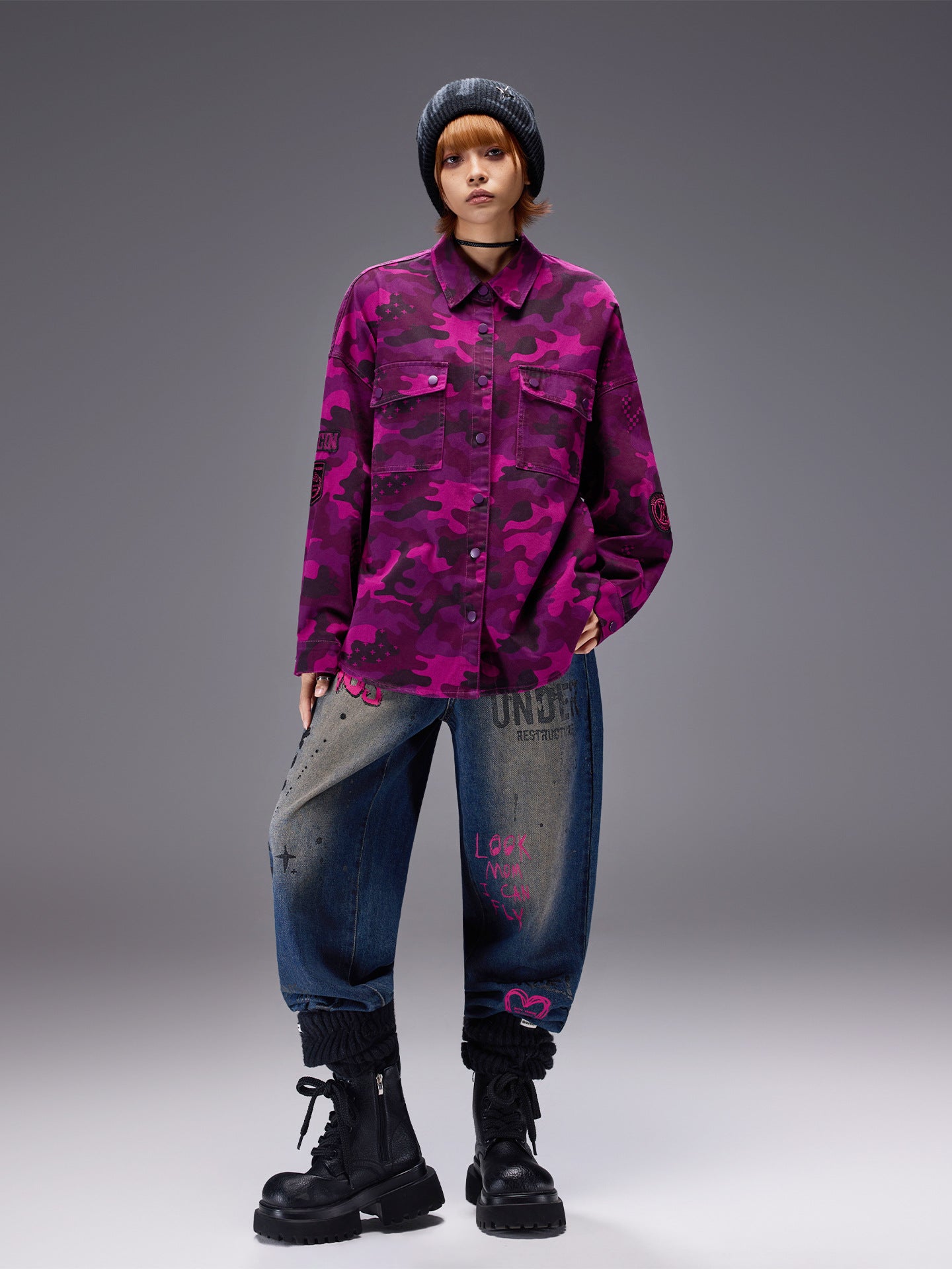 Ice Leopard Street Cardigan in vibrant purple camo pattern, perfect for casual urban outfits