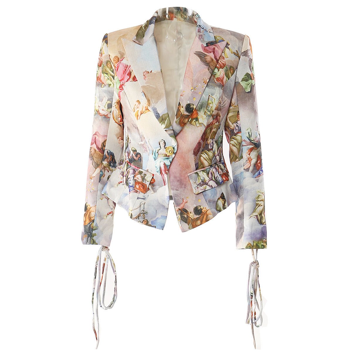Stylish Mocha Mousse Cape Jacket featuring an artistic print and elegant tie sleeves