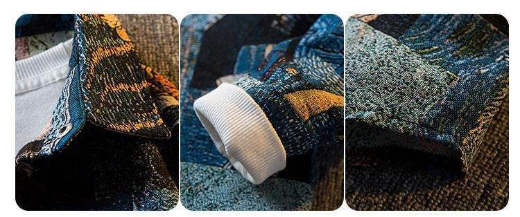 Detalii materiale și cusături ale jachetei cu print Van Gogh de la AM Vision RO