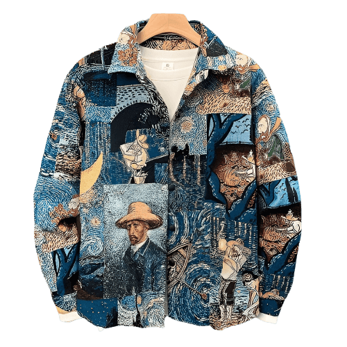 Jacheta cu print Van Gogh în culori albastre și maro cu design artistic complex pentru stil urban