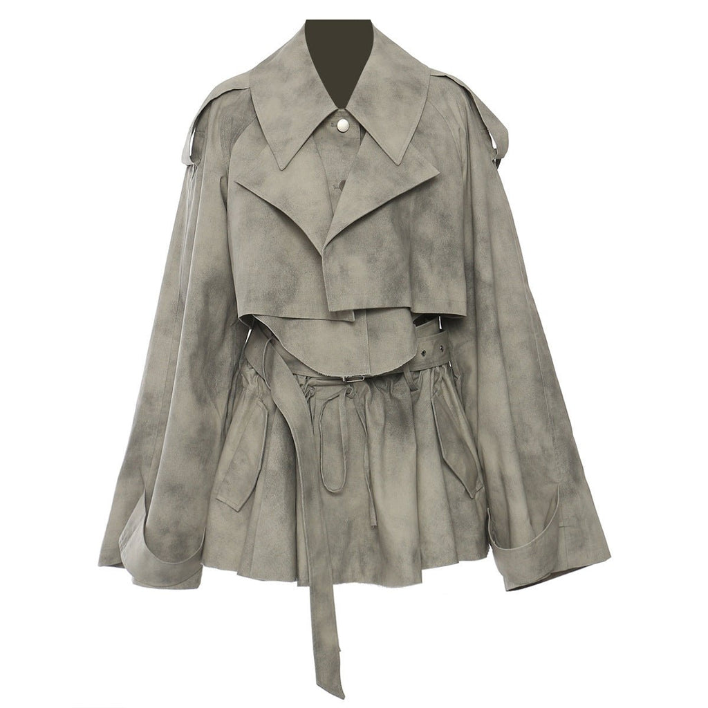 Stylish AM Vision RO Jacket and Skirt Set in Soft Gray Fabric with Belted Waist for a Fashion-Forward Look