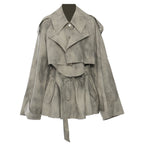 Stylish AM Vision RO Jacket and Skirt Set in Soft Gray Fabric with Belted Waist for a Fashion-Forward Look