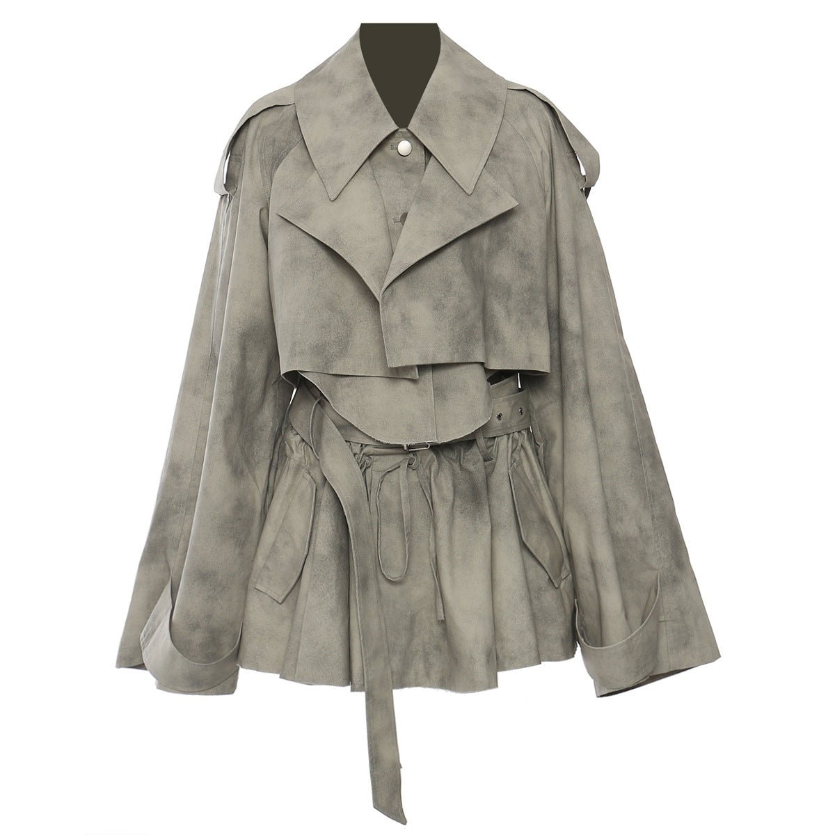 Stylish gray AM Vision RO Jacket and Skirt Set featuring a belted waist and oversized collar