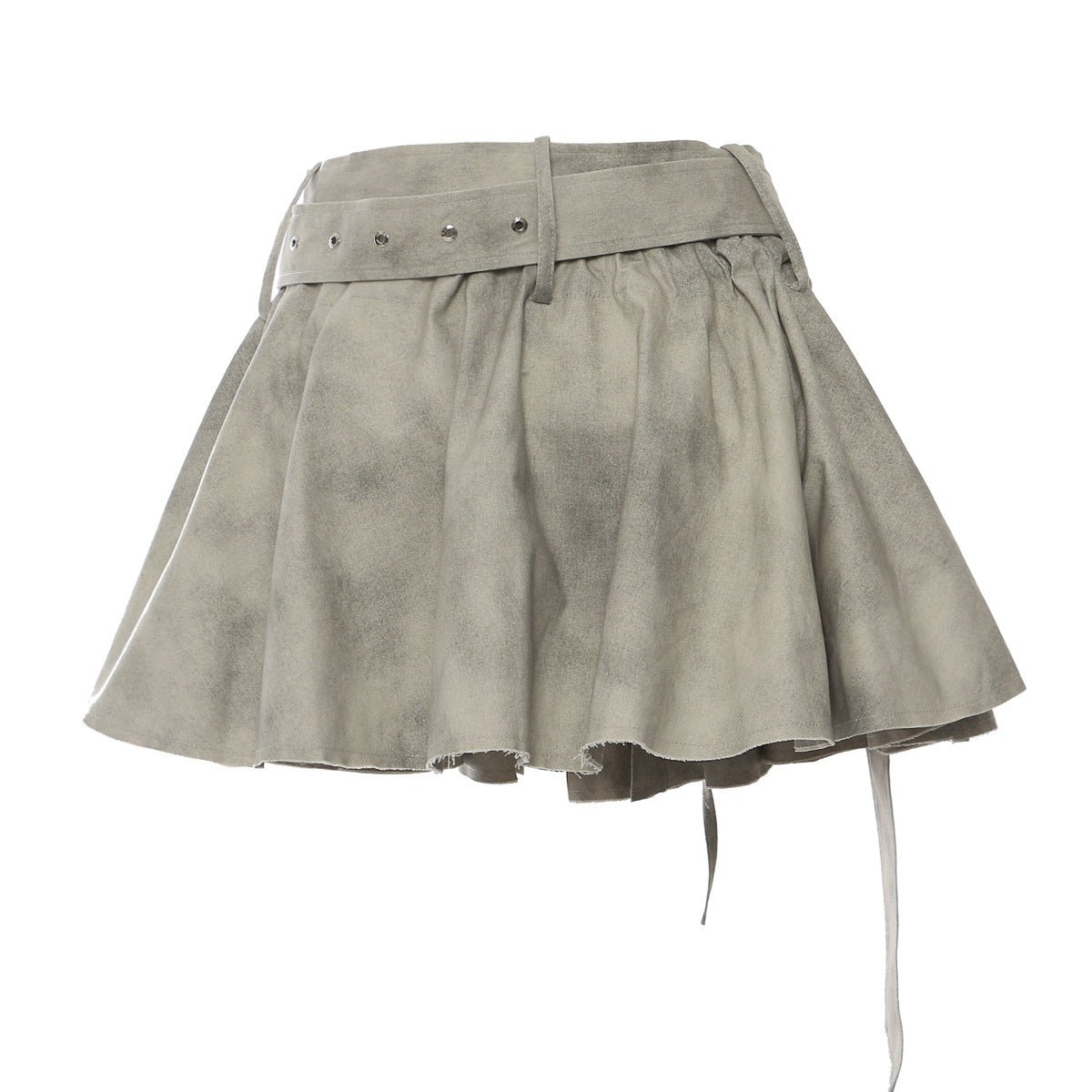 Gray denim skirt with a belted waist and stylish design, ideal for pairing with a Jacket and Skirt Set