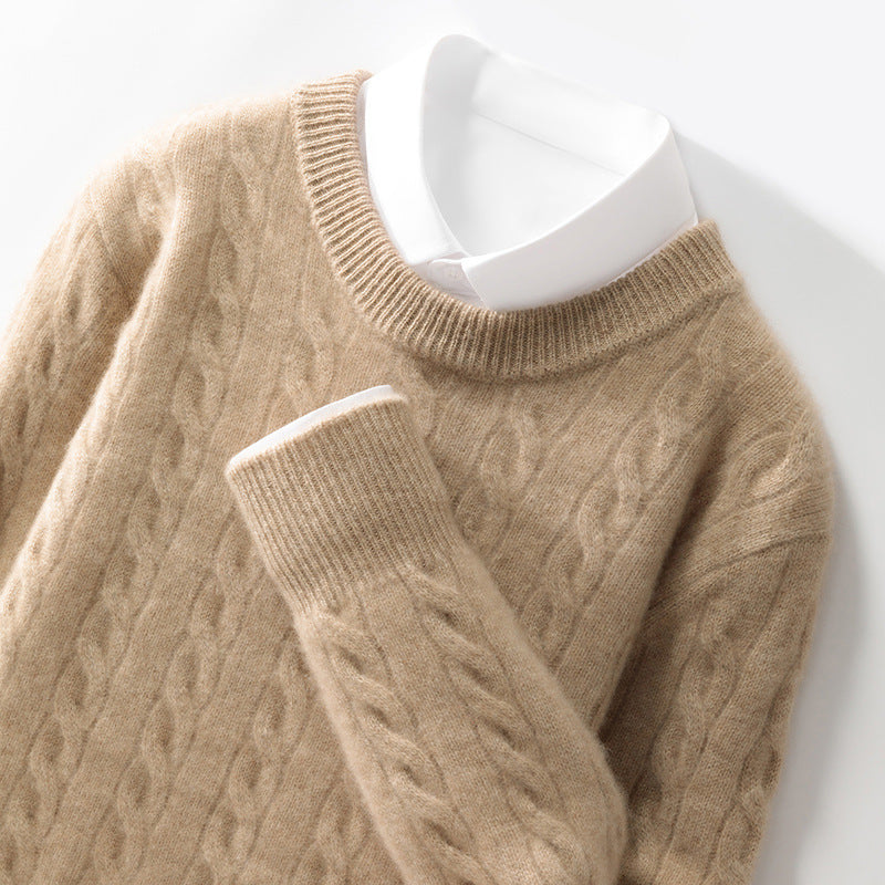 AM Vision RO Jacquard Wool Sweater Relaxed Business Essential in beige with a classic crew neck design