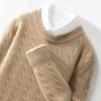 AM Vision RO Jacquard Wool Sweater Relaxed Business Essential in beige with a classic crew neck design