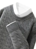 Gray Jacquard Wool Sweater Relaxed Business Essential with a classic crew neckline and ribbed cuffs