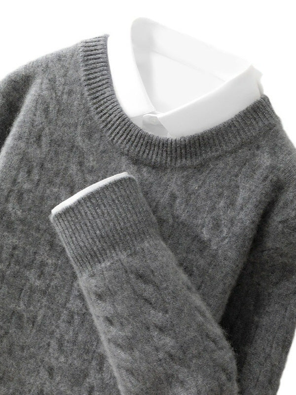 Gray Jacquard Wool Sweater Relaxed Business Essential with a classic crew neckline and ribbed cuffs