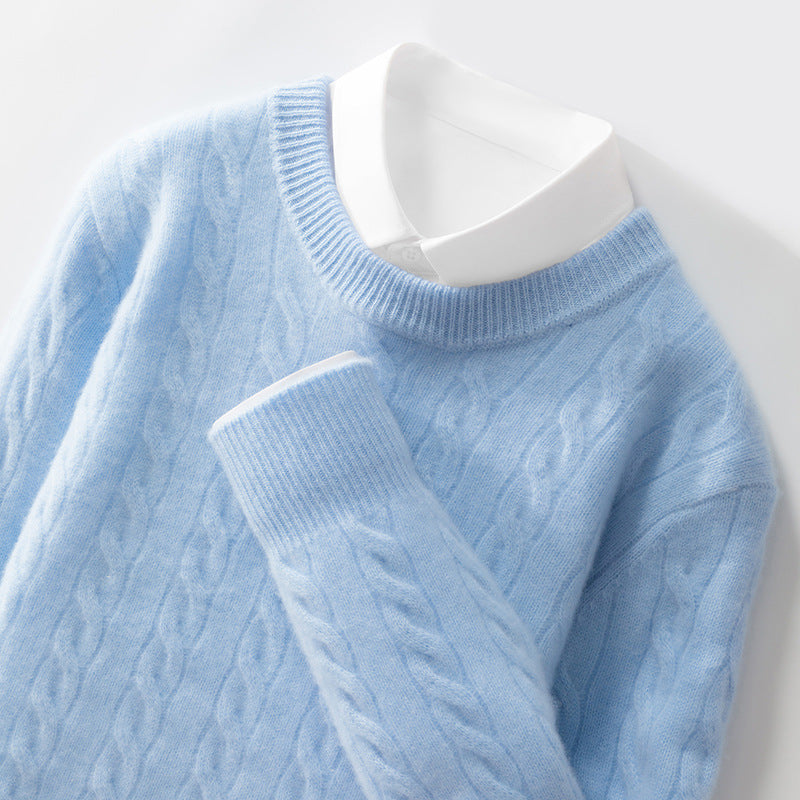Light blue Jacquard Wool Sweater Relaxed Business Essential with a classic crew neck and cable knit design