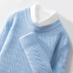 Light blue Jacquard Wool Sweater Relaxed Business Essential with a classic crew neck and cable knit design