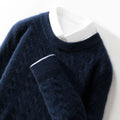 Navy Jacquard Wool Sweater Relaxed Business Essential with a Soft Texture and Classic Fit