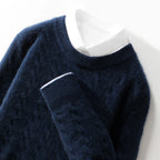 Navy Jacquard Wool Sweater Relaxed Business Essential with a Soft Texture and Classic Fit