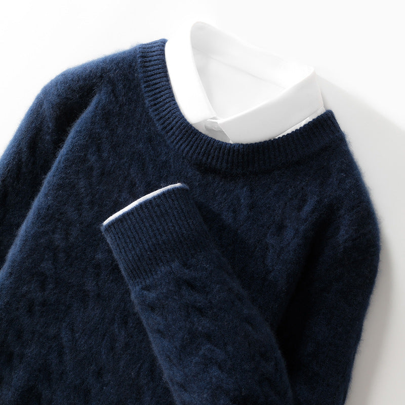 Navy Jacquard Wool Sweater Relaxed Business Essential with a Soft Texture and Classic Fit