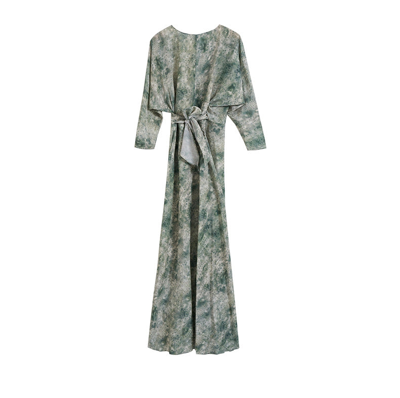 Elegant Jade Silk Wrap Dress with Long Sleeves and a Stylish Tie Belt