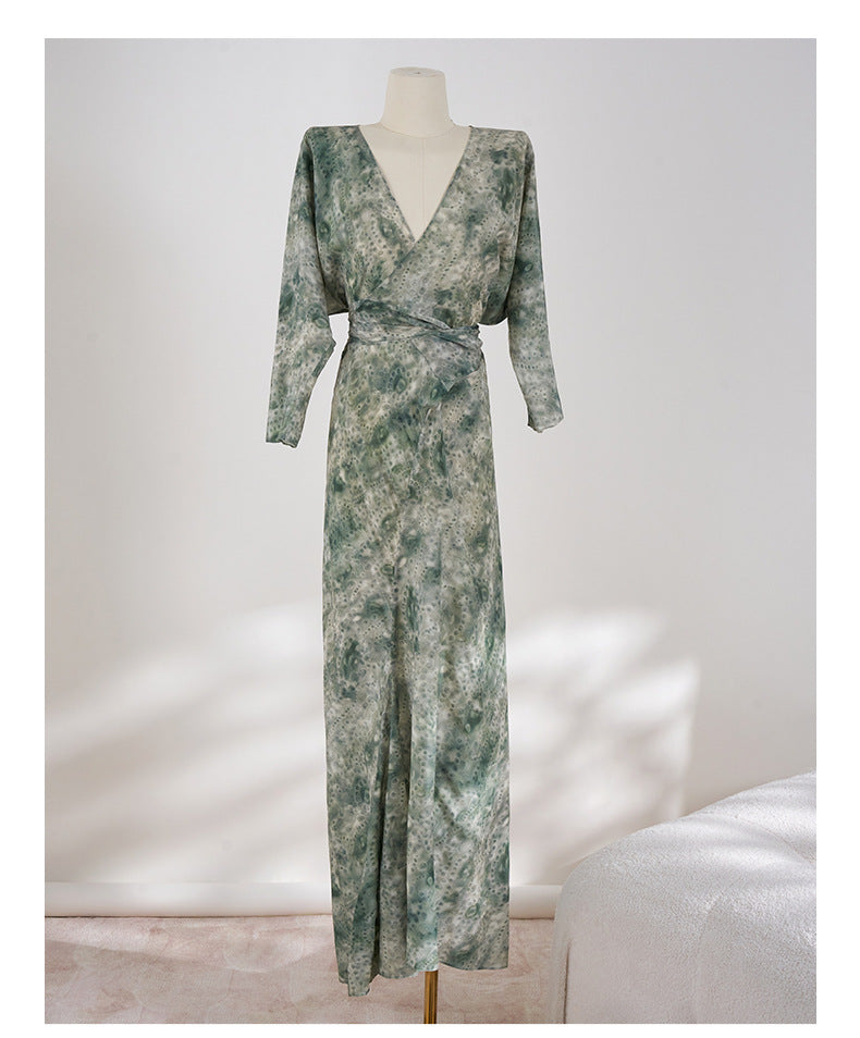Elegant Jade Silk Wrap Dress featuring a deep V-neck and flowing design for a stylish look